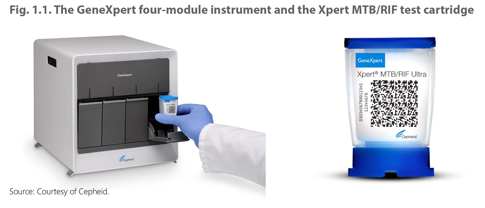  The GeneXpert four-module instrument and the Xpert MTB/RIF test  cartridge