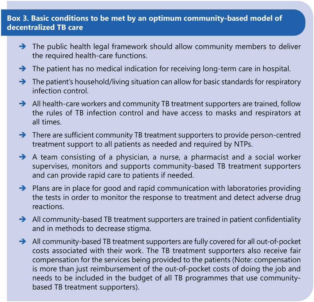 Box 3. Basic conditions to be met by an optimum community-based model of  decentralized TB care 