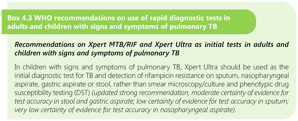 Box 4.3 WHO recommendations on use of rapid diagnostic tests in adults and children with signs and symptoms of pulmonary TB