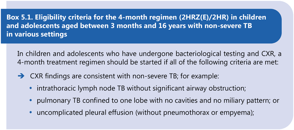 Box 5.1. Eligibility criteria for the 4-month regimen (2HRZ(E)/2HR) in children and adolescents aged between 3 months and 16 years with non-severe TB in various settings