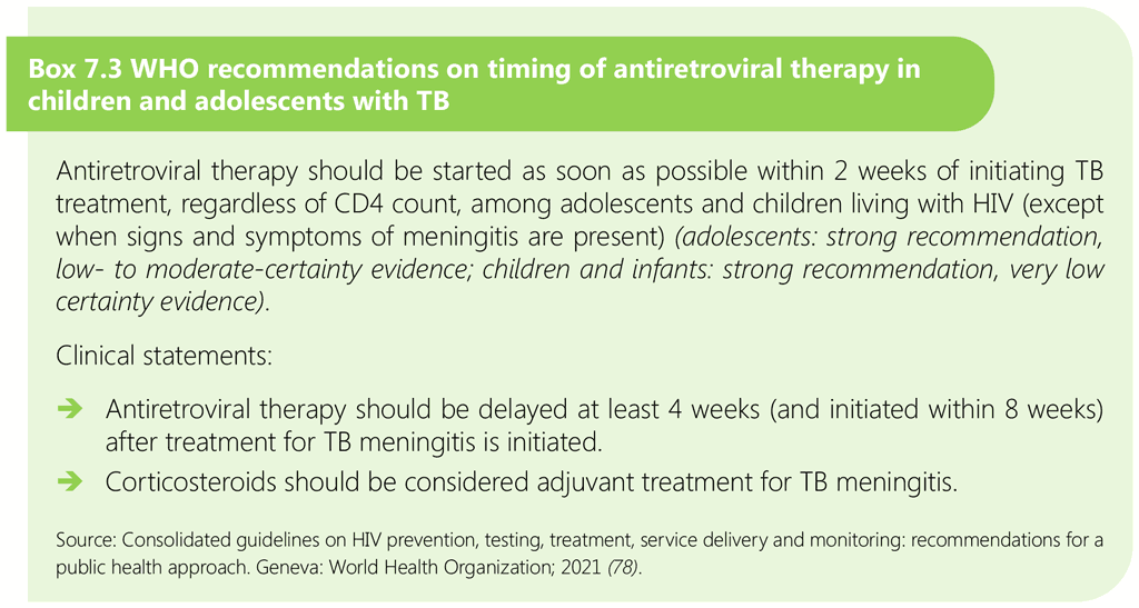 Box 7.3 WHO recommendations on timing of antiretroviral therapy in children and adolescents with TB